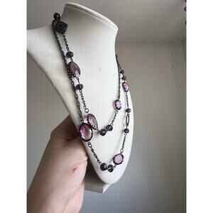 Liz Claiborne Purple Glass Bead Station Gunmetal Chain Necklace 40” Long